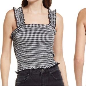 Gingham Ruffle Trim Top - Black and White